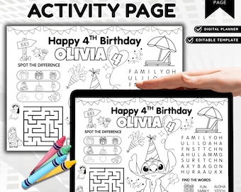 Stitch Birthday Coloring Page, Personalized Kids Activity Placemat, Printable Party Favor (Editable Digital Download)