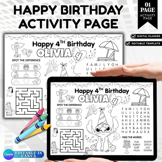 Stitch Birthday Coloring Page, Personalized Kids Activity Placemat, Printable Party Favor (Editable Digital Download)