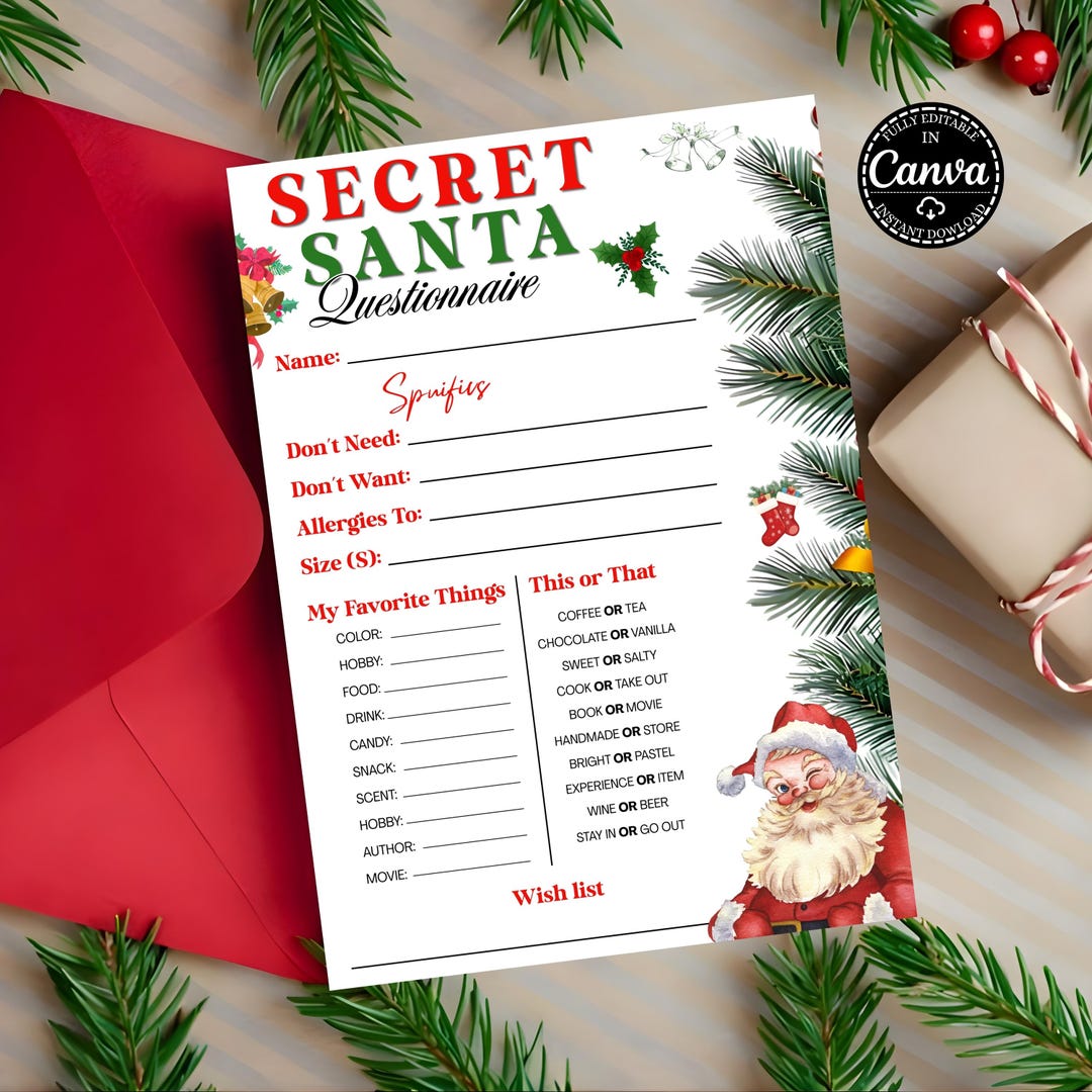 Secret Santa Friends Questionnaire.pdf Secret Santa Questionnaire Survey, Printable Christmas Gift Exchange ...