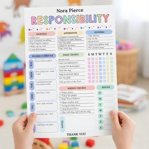 May include: A colorful responsibility chart with the title "RESPONSIBILITY" and the name "Nora Pierce" at the top. The chart is divided into sections for morning, afternoon, and evening tasks, with a weekly schedule and daily chores listed. There are also sections for weekly chores and points.