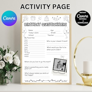 Op de afbeelding: Een ingelijste "Verjaardags vragenlijst" activiteit pagina met invulvakken voor persoonlijke gegevens en voorkeuren. De pagina bevat het Canva logo en de tekst "Instant, Editable & Download". Het ontwerp bevat verjaardagsgerelateerde illustraties.