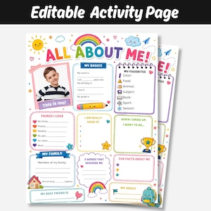 Op de afbeelding: Een bewerkbare activiteitenpagina met de titel ALL ABOUT ME! met kleurrijke illustraties van een regenboog, zon en wolken. Het blad bevat secties voor persoonlijke gegevens, favorieten, familie en doelen met lege regels om in te vullen.