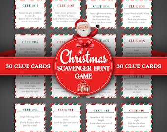 Può includere: Un gioco di caccia al tesoro natalizio con 30 carte indizio. Le carte hanno bordi rossi e verdi e includono indizi festivi. Un cerchio rosso con un fiocco e una grafica di Babbo Natale è al centro.