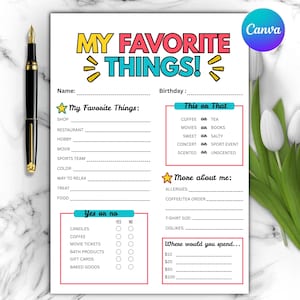 Teacher & Coworker Favorite Things Questionnaire