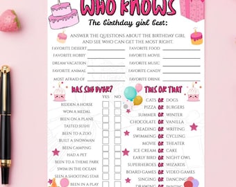 Meilleure fille qui connaît l'anniversaire de fille, à imprimer, fête avec noeud rose coquette, jeux soirée pyjama pour ados, modèle de toile modifiable, quiz 13-16 anniversaire