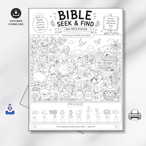 以下が含まれることがあります： イエス、子供たち、羊、自然の要素が描かれた中央のイラストを含む、白黒の聖書探し絵アクティビティシート。ページ下部には、カメ、巣、木、壺、花、羊、イエス、子犬、バスケット、魚のアイコンと、ヨシュア記1章9節およびイザヤ書43章1節からのテキストが記載された検索・カウントセクションがあります。