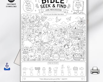 Puede incluir: Una hoja de actividades de búsqueda bíblica en blanco y negro con una ilustración central de Jesús con niños, ovejas y elementos naturales. La página incluye una sección de búsqueda y conteo con iconos de tortuga, nido, árboles, macetas, flores, ovejas, Jesús, cachorro, cesta y pez, además de textos de Josué 1:9 e Isaías 43:1.