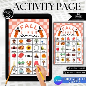 May include: A digital fall bingo game displayed on a tablet, featuring autumn-themed images like pumpkins, acorns, and a scarecrow. The design includes the text "Fall Bingo" and "Activity Page". A smaller version of the bingo card is also visible.