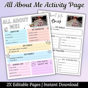 Op de afbeelding: Twee printbare All About Me activiteitenpagina's met zwarte tekst op een witte achtergrond en pastelkleurige secties. De pagina's bevatten invulvelden voor persoonlijke gegevens, doelen, familie, schoolleven en leuke weetjes, plus een fotokader.