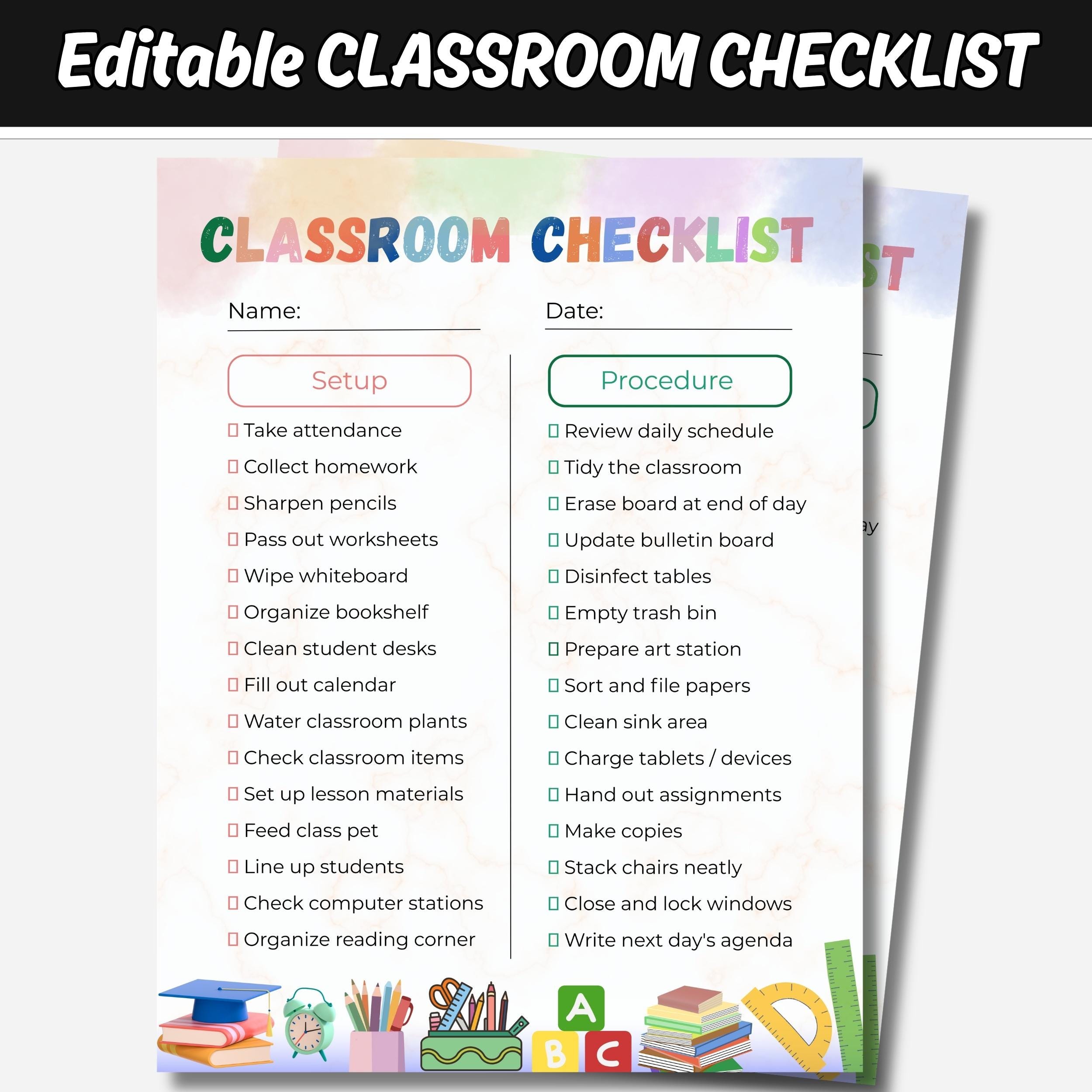 Classroom Checklist Printable, Teacher Daily Setup Procedure, Classroom ...