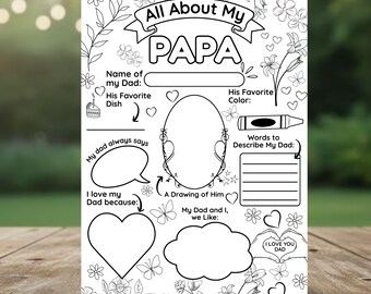 All About My Dad Printable, Fathers Day Gift from Kids, Dad Interview Worksheet, Kids Activity Sheet, Coloring Page, Editable Canva Template