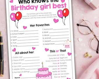 Jeu d'anecdotes modifiable pour fille d'anniversaire sur Canva, modèle de quiz fête comment bien me connaissez-vous, jeu d'activités d'anniversaire de filles en téléchargement numérique