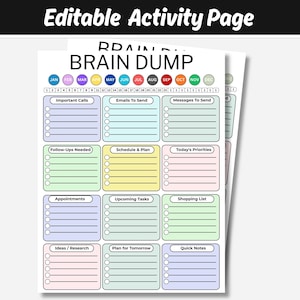 May include: An editable activity page titled BRAIN DUMP featuring a monthly calendar header with colored circles for each month, a numbered day tracker, and twelve pastel-colored rectangular sections with checkboxes for tasks like Important Calls.