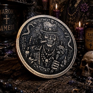 Mosiężna moneta Barona Samedi z motywem ducha, talizman voodoo. Duża, 42 mm i bardzo gruba. Ochronna moc samego Barona.