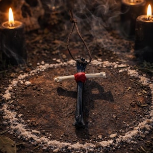 May include: A dark cross pendant with a bone-coloured crossbar, bound with red material, hangs from a brown cord. The pendant rests on a textured, brown surface, surrounded by a white circle, with lit candles and a skull in the background.