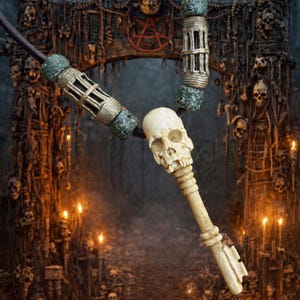 May include: A gothic-themed necklace featuring a skull-shaped pendant and decorative beads. The pendant is bone-colored, and the beads are wrapped in twine. The background includes a dark, spooky archway with skulls and candles.