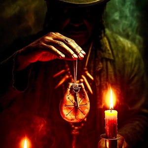 May include: A person holding a small, round, leather pouch with a key, illuminated by candlelight. The pouch has a starburst design. The person is wearing a top hat and a long coat, with a necklace of beads.