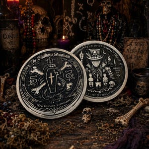 Op de afbeelding: Twee ronde metalen munten met een donkere, verweerde afwerking. De ene munt toont een centrale doodskist met een kruis, een slang en de tekst The Shadow Shaman New Orleans Louisiana. De andere toont een figuur met een hoge hoed en de tekst Influence Attract Protect Wealth Finds You.
