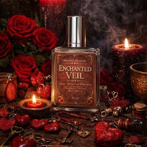 May include: A perfume bottle labeled "Enchanted Veil" sits amidst red roses, candles, and decorative hearts. The bottle has a silver cap and a label with ornate text. The scene is lit with warm candlelight, creating a romantic and mystical ambiance.