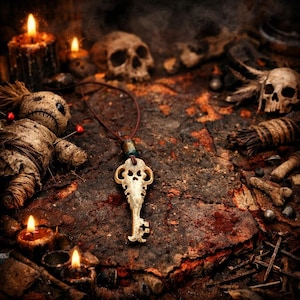 May include: A key pendant with a skull design lies on a textured, dark surface, surrounded by candles, a voodoo doll, and skulls. The key hangs from a brown cord, with other ritualistic items. The scene evokes a mystical atmosphere.