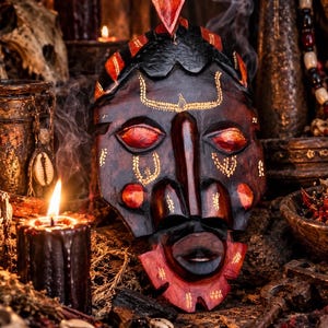 Könnte beinhalten: Eine handgeschnitzte Holzmaske mit dunkelbraunem Finish und leuchtend roten Akzenten an Augen, Wangen und Stirn. Die Maske ist mit komplexen, goldfarbenen Linienmustern verziert und besitzt ein spitzes Element an der Oberseite sowie einen geschnitzten Mund.