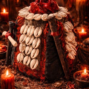 May include: A ritualistic object featuring a red skull, adorned with white seashells, and a red and black fabric base. A large nail and a wooden mallet are placed on the sides. Lit candles surround the object, creating a mystical atmosphere.