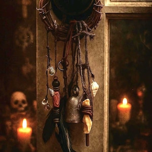 May include: A handcrafted dreamcatcher with a dark, round centrepiece and woven frame. It features hanging beads, feathers, a bell, and a wooden element. The background includes candles and a window.