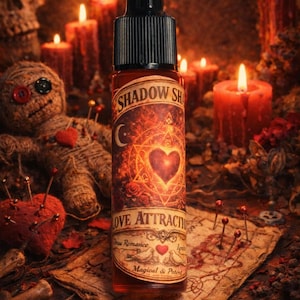 Può includere: Una bottiglia di pozione "Shadow Shine Love Attraction" con contagocce nero. L'etichetta presenta un cuore, una luna crescente e rose. Lo sfondo include candele, una bambola voodoo e un cuscino a forma di cuore.