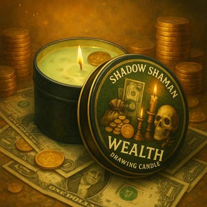 May include: A lit green candle in a black tin with the words "Shadow Shaman Wealth Drawing Candle" on the lid. The lid features illustrations of money, coins, candles, and a skull. US dollar bills and stacks of coins surround the candle.