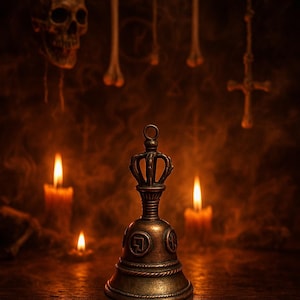 Könnte beinhalten: Eine bronzene Glocke mit kronenartiger Spitze, umgeben von brennenden Kerzen und hängenden Knochen. Die Glocke hat ein dekoratives Design und steht auf einer Holzoberfläche. Ein Schädel hängt im Hintergrund und erzeugt eine gotische Atmosphäre.