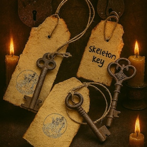 May include: Antique skeleton keys and padlocks with aged paper tags. The tags have a circular stamp and are tied with twine. The words "skeleton key" are written on one tag. Lit candles provide a warm glow.