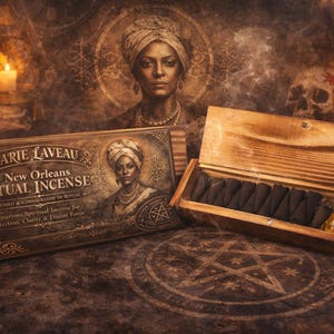 Puede incluir: Una caja de madera de incienso ritual Marie Laveau de Nueva Orleans, con un retrato de una mujer con turbante. La caja está abierta, revelando conos de incienso negro y pequeñas botellas de vidrio. El fondo presenta velas, calaveras y un retrato de mujer.