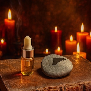 Könnte beinhalten: Eine kleine Glasflasche mit einer Pipette, gefüllt mit einer goldenen Flüssigkeit, steht auf einem verwitterten Buch. Daneben liegt ein grauer Stein mit einer schwarzen Form. Brennende Kerzen im Hintergrund erzeugen eine warme, mystische Atmosphäre.