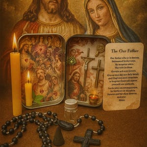 Catholic Pocket Alter, Authentic Catholic Prayer cards, rosary, holy water, incense, candle