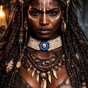 Puede incluir: Retrato de una persona de piel oscura, adornada con elaboradas joyas y tocado tribales. La persona tiene largas trenzas oscuras y pintura facial blanca. Las joyas incluyen un collar de cuentas con un centro azul y múltiples collares en capas.