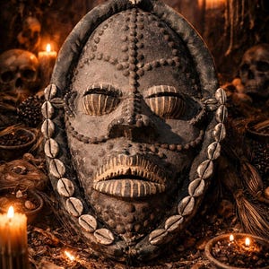 May include: A weathered, tribal mask with a detailed face, adorned with small beads and shell accents. The mask is surrounded by candles, skulls, and ritualistic items, creating a mystical and spiritual ambiance. The color palette is dominated by earthy tones.