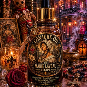 May include: A bottle of "Conjure Oil" with a gold cap and label featuring an illustration of Marie Laveau. The label includes text about spiritual work, protection, love, luck, and power. The bottle is surrounded by candles, a rose, and other mystical items.