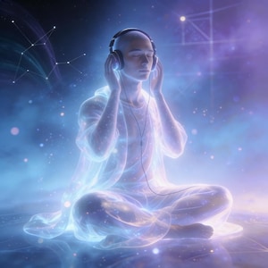 Könnte beinhalten: Digitales Kunstwerk, das eine Person in meditativer Pose mit Kopfhörern zeigt. Die Figur ist in ätherischem, leuchtendem blauem und weißem Licht dargestellt, vor einem kosmischen Hintergrund mit Sternbildern und Sternen. Das Gesamtthema ist Spiritualität und Meditation.