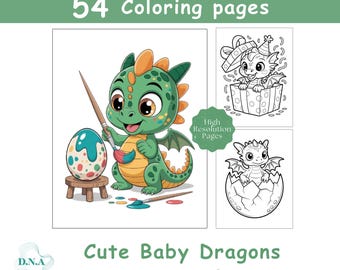 54 schattige babydraken kleurplaten | Printbaar kleurboek fantasiedraak voor kinderen en volwassenen | Digitale kunst direct downloaden