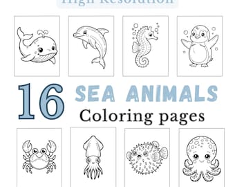 Sea Animals Coloring Pages, Easy Coloring for Kids and Adults, 16 Cute Printable Ocean Creatures, Kawaii Style, Digital Download PDF