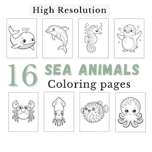 Sea Animals Coloring Pages, Easy Coloring for Kids and Adults, 16 Cute Printable Ocean Creatures, Kawaii Style, Digital Download PDF