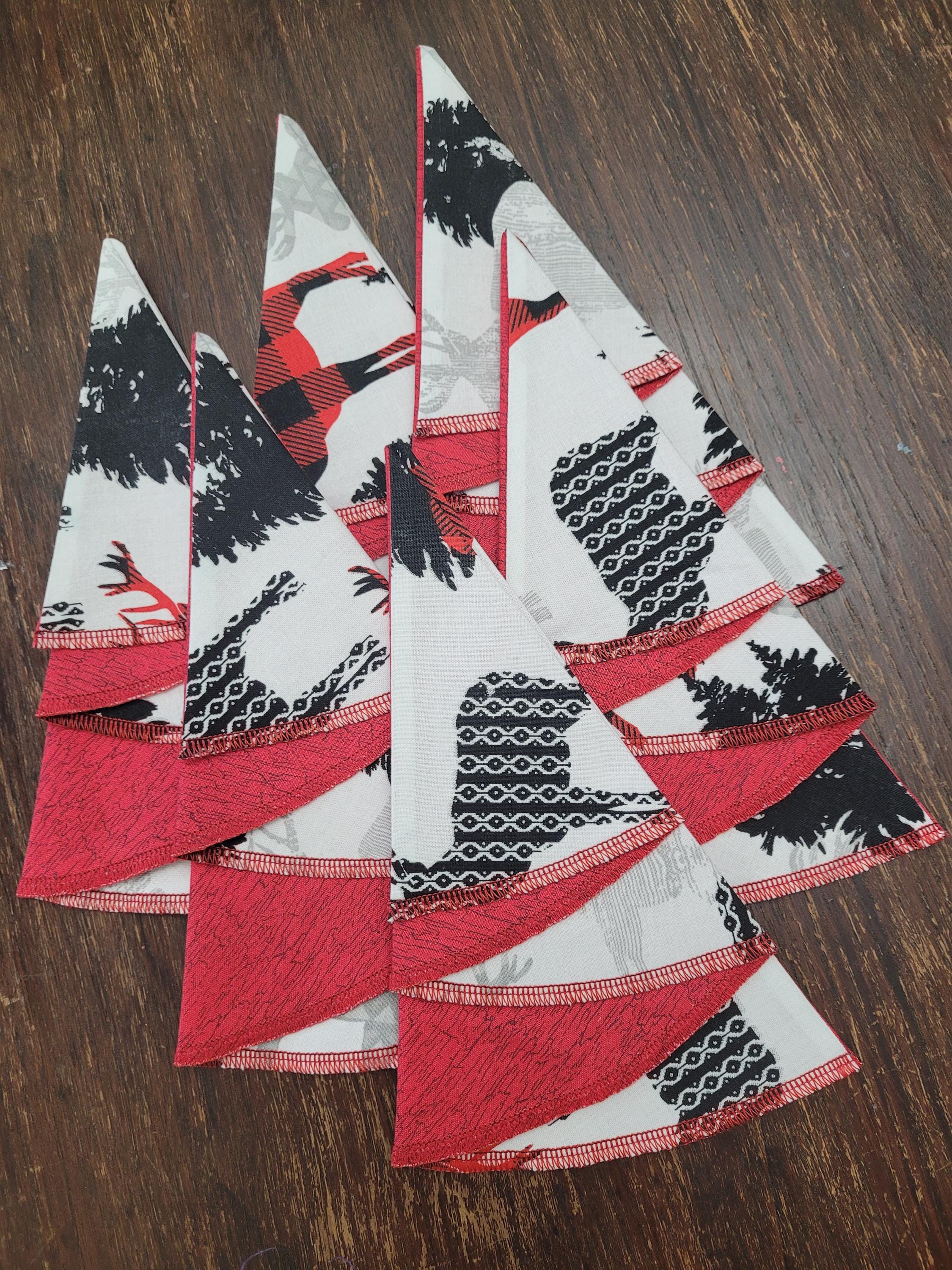 Adorable, Reversible, Folded Christmas Tree Napkins sewn with cotton fabric for Christmas dinner placement, table setting