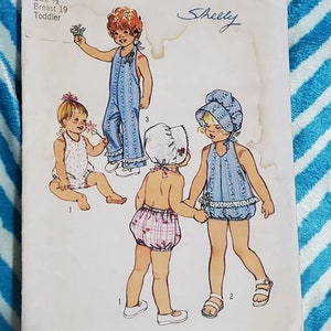 PARTIALLY CUT: Simplicity 6418 Pattern, Toddler/Infants&#39; Playsuit, Bell-bottom Jumpsuit, Bonnet Pattern, onesie pattern, 1974, Size 1/2