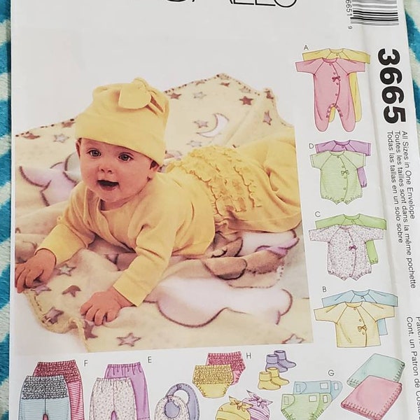 PARTIALLY CUT: McCall's 3665 Pattern. Infant's Coveralls, Top, Bodysuit Pattern, Pants pattern, diaper cover Pattern, Booties and hat, 2003
