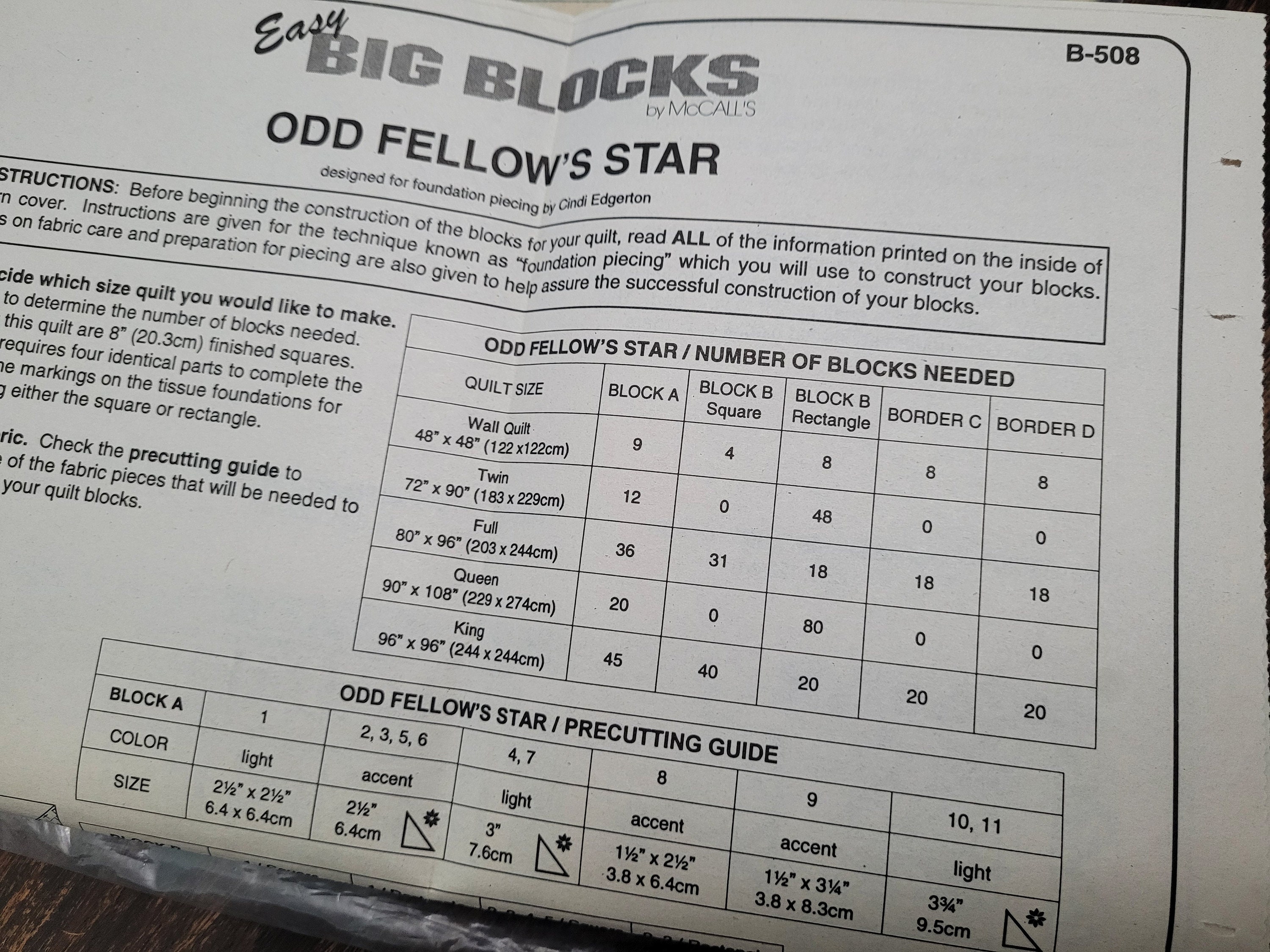 Mccall's B508, Easy Big Blocks, Odd Fellow's Star Pattern, Tissue Paper ...