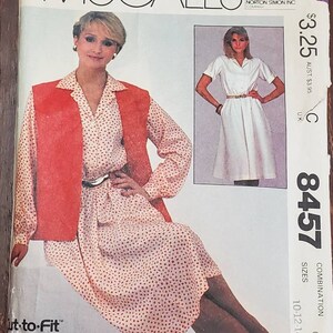 PARTIALLY CUT: McCall&#39;s 8457 Pattern, Misses&#39; Dress Pattern and Vest Pattern, Pullover Dress Pattern with flared skirt, Size 10-14, 1983
