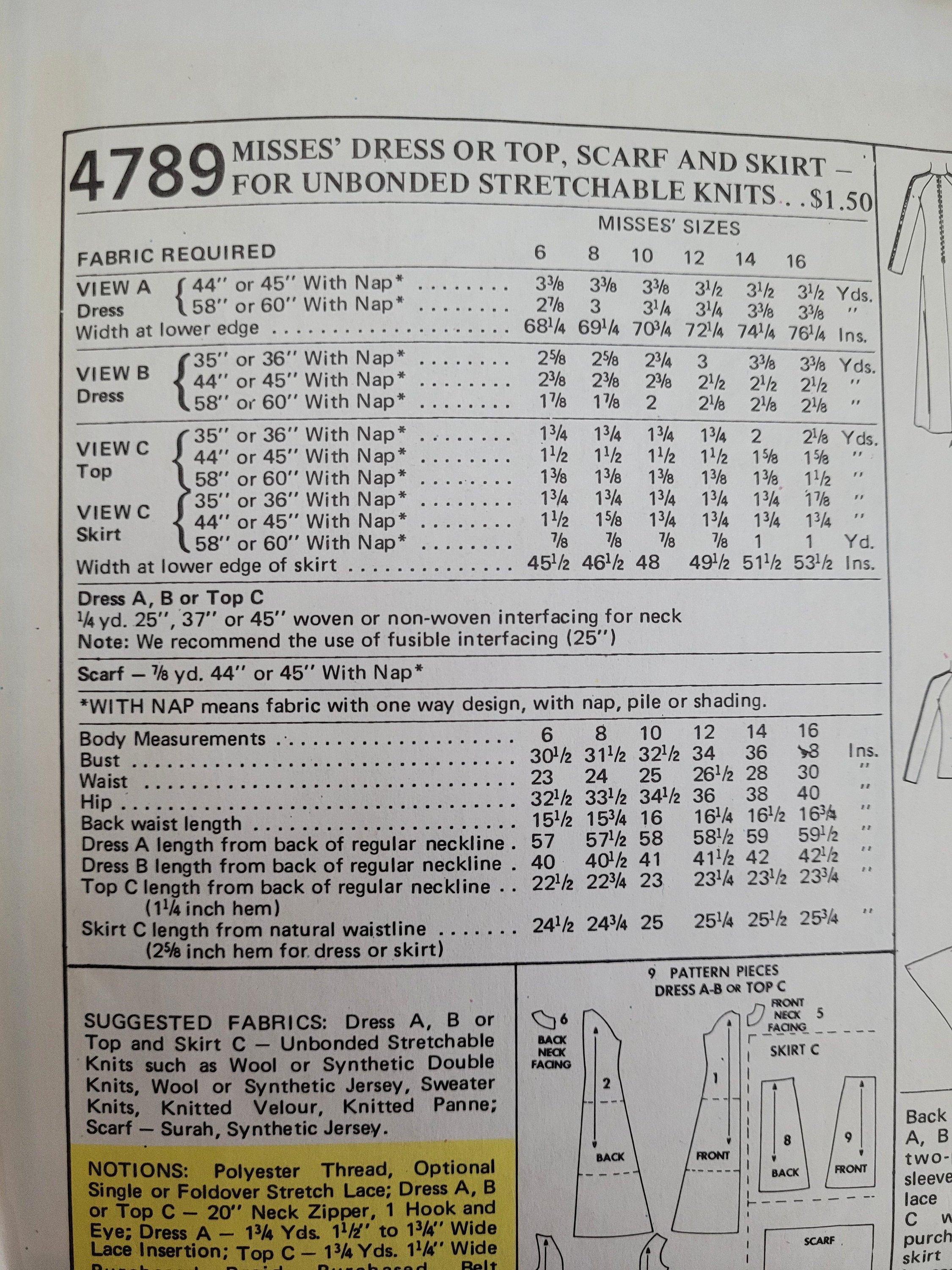 CUT: Mccall's 4789 Pattern, Misses' Dress or Top, Scarf and Skirt ...