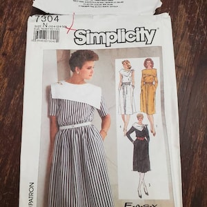 CUT: Simplicity 7304 Pattern, Misses&#39; Easy-to-Sew Dress Pattern, Pullover Dress Pattern, Sailor Dress Pattern, Size 10+12+14, 1985