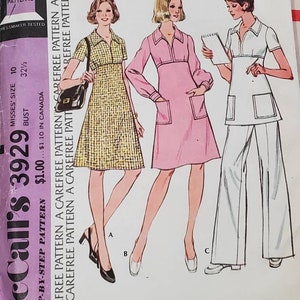 UNCUT: McCall&#39;s 3929 Pattern, A Carefree Pattern, Misses&#39; Dress or Tunic, and Pants Pattern. Misses&#39; Size 10, Bust 32.5&quot;, c. 1974.