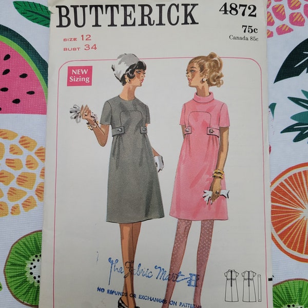 CUT: Butterick 4872 Pattern, A-line dress Pattern with Jewel neckline, above waistline bias belt, Knee length dress pattern, gathered dress